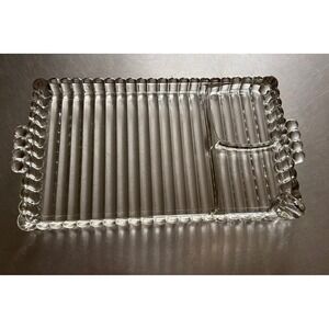 VTG Hazel Atlas Ball & Rib Glass Sip N Smoke Snack Luncheon Tray Art Deco MCM